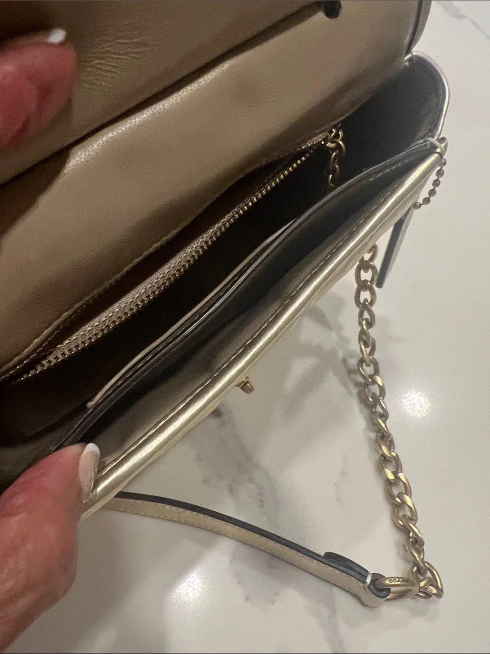 Coach Metallic Gold Quilted Leather Satchel with Chain Strap